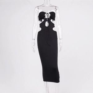 Detail of black halter maxi dress with hollow out waist and sexy backless design