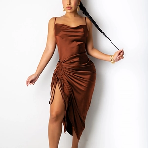 Brown satin cowl neck slip dress with side drawstring ruched slit detail