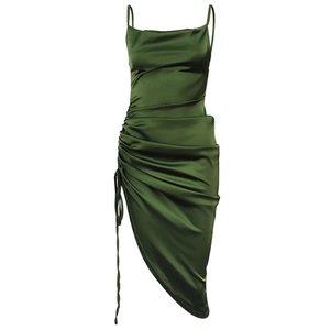 Satin dark green cowl neck slip dress with ruched drawstring and side slit detail