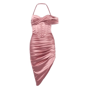 Pink satin corset dress with halter neckline and ruched asymmetric hem design