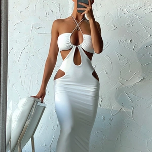 Sleek white halter neck cutout backless maxi dress with delicate metal chain detail