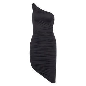 Sexy black one-shoulder ruched bodycon dress with an asymmetrical hemline for summer