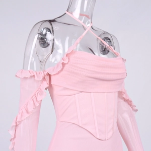 Mini abito a corsetto in tulle rosa con allacciatura al collo e maniche trasparenti