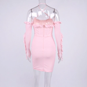 Abito aderente rosa con dettagli a balze, scollo all'americana e maniche coordinate