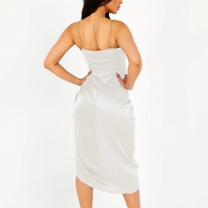 Elegant silver satin backless midi dress with gold metal chain straps for women