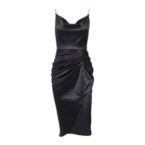 Elegant black satin midi dress with gold chain straps, cowl neck and high side slit