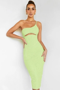 Detail of light green one-shoulder bodycon dress with cut-out waist and boning lines