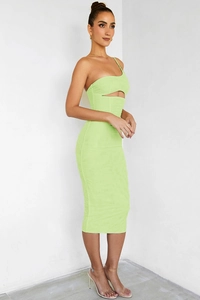 Detail shot of neon green one-shoulder dress featuring waist cut-out and bodycon fit