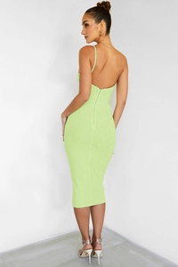 Rear view of a neon green one-shoulder backless bodycon dress with zipper detail