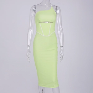 Detail view of neon green one-shoulder dress featuring cutout waist and mesh corset boning