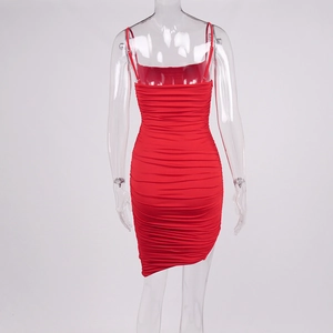 Detailed back view of ruched red bodycon dress with adjustable straps and asymmetric hem