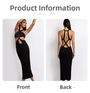 Front and back views of a black backless halter dress with cutout details