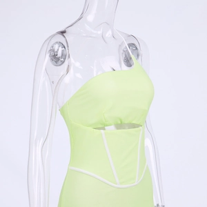 Slim fit neon green one-shoulder mesh dress with waist cutouts and white trim