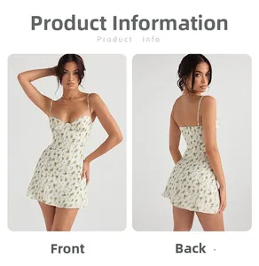 Vue avant et arrière d'une mini-robe d'été sexy blanche à fleurs avec de fines bretelles