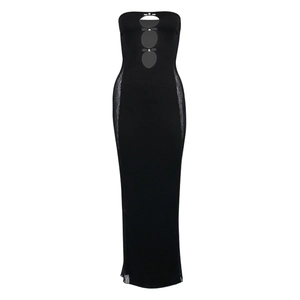 Strapless black maxi dress with mesh panels and cutout metal buckles design