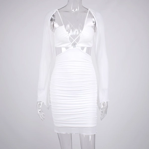 Detailed view of white bodycon dress with ruching and matching long sleeve shrug