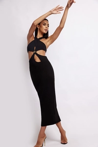 Detail of cross-neck halter maxi dress with metal ring and waist cut-outs in black