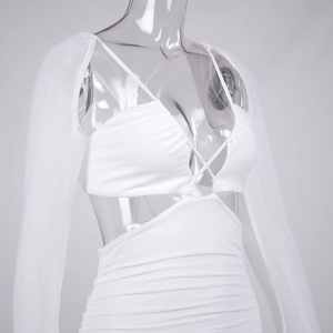 Sexy white ruched bodycon dress with sheer long sleeves and halter cutout design