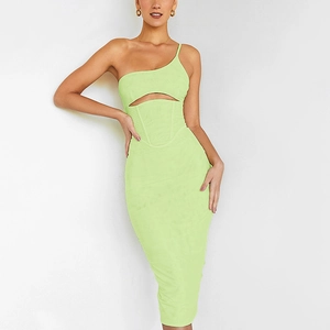 Lime green one-shoulder bodycon midi dress with cutout design and boning corset