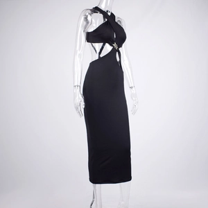 Detail of cut-out waist and metallic ring on this black halter-neck bodycon maxi dress