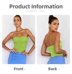 Detail of neon green mesh corset top with asymmetrical strap and boning structure