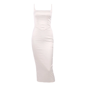 Robe midi élégante en satin blanc avec corsage structuré et silhouette ajustée
