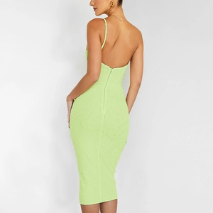Neon green one-shoulder backless midi bodycon dress with zipper and mesh details