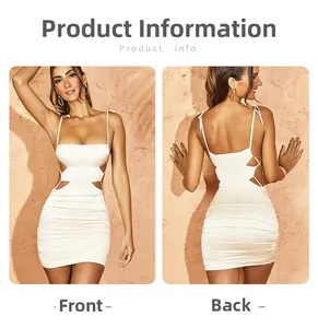 Detail of white satin mini dress with side cut-outs and ruched fabric texture