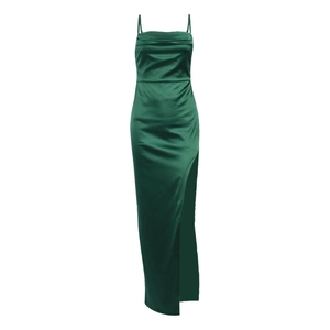 Elegant dark green satin slip dress with draped neckline and high slit detail