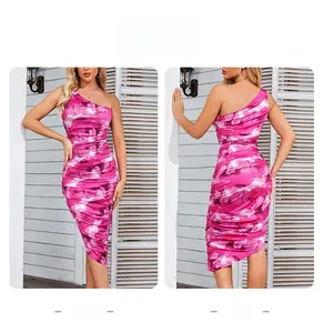 Detail view of one-shoulder dress with marble print and flattering ruched design