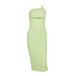 Mint green one-shoulder bodycon dress with hollow-out waist and white piping detail
