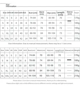 Size chart for backless satin dress showing XS to XL measurements in CM and international sizes