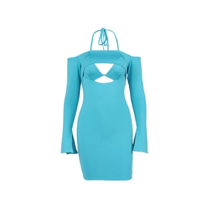 Minikleid in Seeblau mit Neckholder, Cut-Out-Details und ausgestellten langen Ärmeln