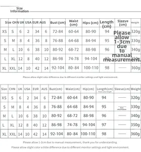 Detailed size chart for printed dress showing XS to XL measurements and fit guide