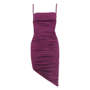 Sexy magenta ruched bodycon slip dress with asymmetrical hem and thin straps