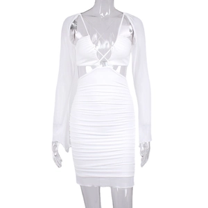 Sexy white two-piece bodycon dress with hollow-out design and mesh ruching details