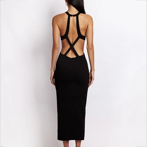 Elegant black backless maxi dress with hollow out cross straps and slim fit silhouette