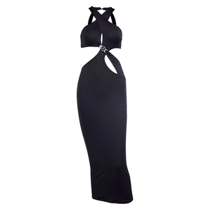 Chic black bodycon maxi dress with halter neckline, waist cut-outs and metal ring detail