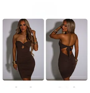Detailed front and back view of brown strapless bodycon dress with cut-out and tie-back