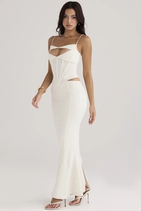 Détail du haut bustier blanc et de la jupe longue sirène assortie pour femme