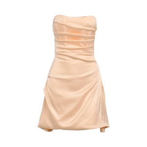 Sexy champagne satin tube mini dress with corset bodice and pleated details