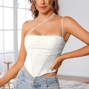 Sexy white ruched mesh bustier top with asymmetric straps and pointed hem for women
