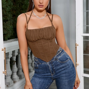 Damen Sexy Netzgewebe Gerafft Korsett Top Neckholder Fischgräten Tank Top Rückenfrei Quadratischer Ausschnitt Bauchfrei Cami Top
