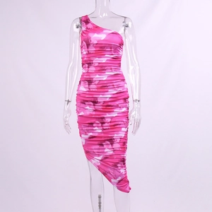 Detail of ruched fabric texture and asymmetrical hem on floral one-shoulder dress