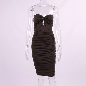 Detail of ruched brown bodycon dress showing front cutout and twist knot design