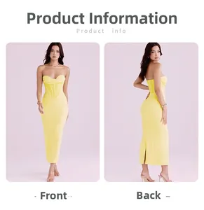 Front and back detail of yellow tube top corset dress with bone bodice and high slit