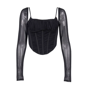 Top a corsetto nero in mesh da donna con maniche trasparenti e dettagli con stecche