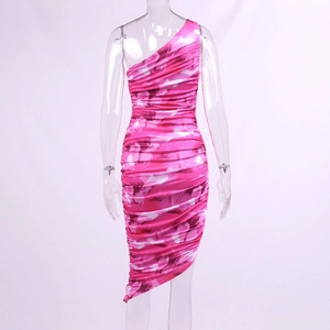 Close-up of ruched floral print one-shoulder dress with asymmetric hemline detail