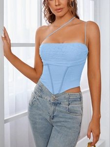 Detail view of light blue mesh corset top with asymmetrical strap and boning structure