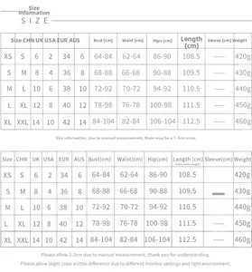 Size chart for corset dress showing bust, waist, hip, and length for XS to XL sizes